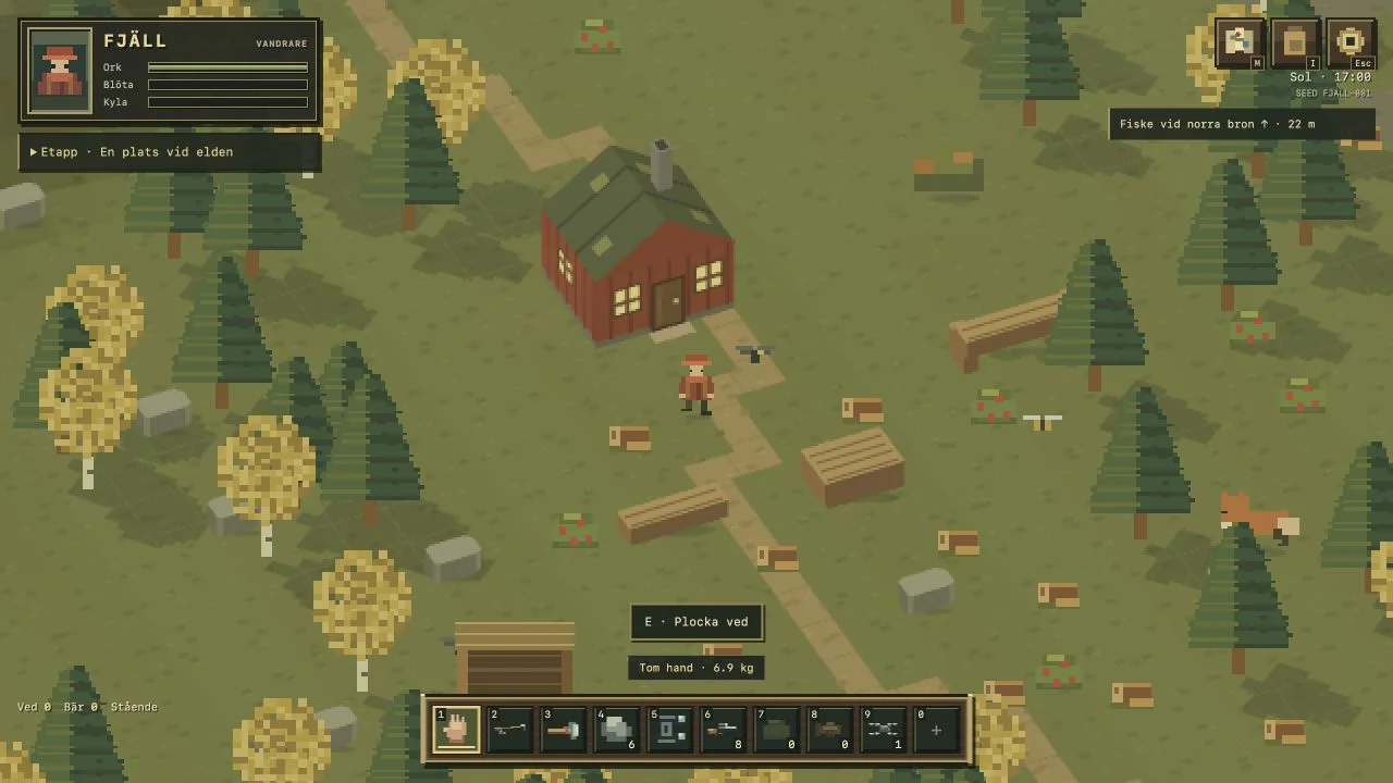 A hiker outside a red cabin with cut logs and a wood store