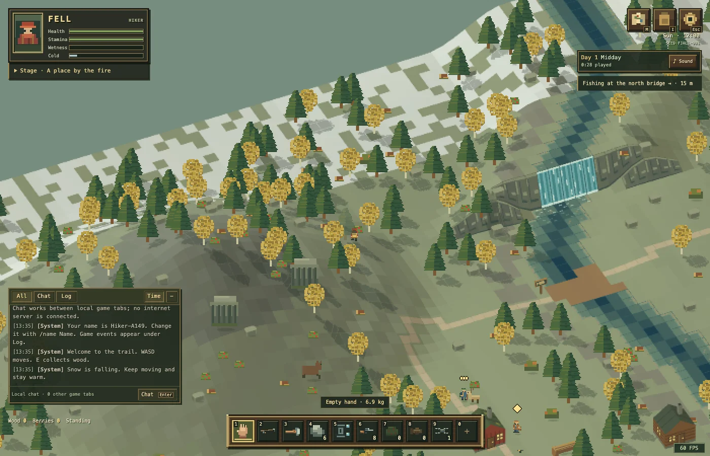 A fell hillside with spruce and birch, a river and a waterfall