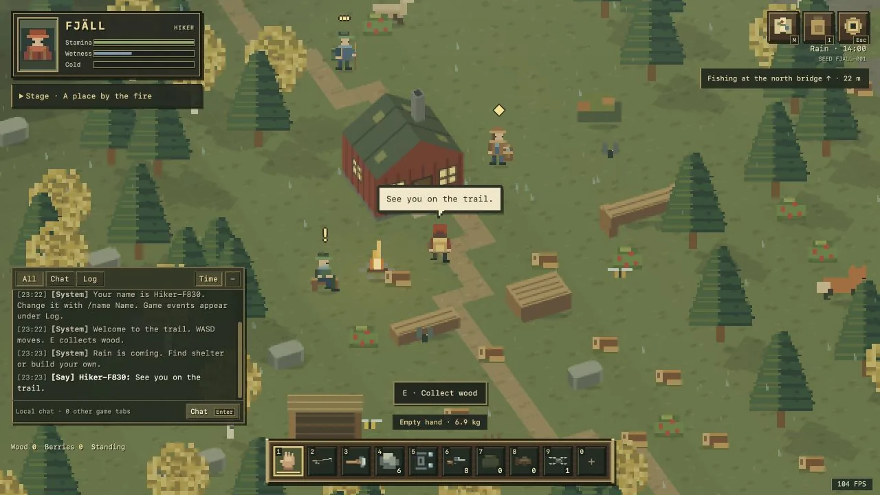 Two hikers by a campfire, one saying: See you on the trail