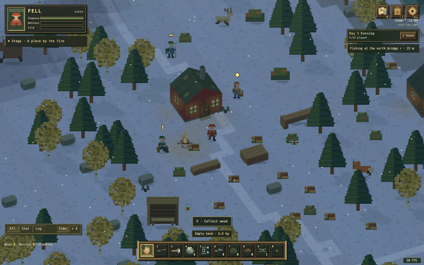 Snow settling over the trail, the cabin and the trees